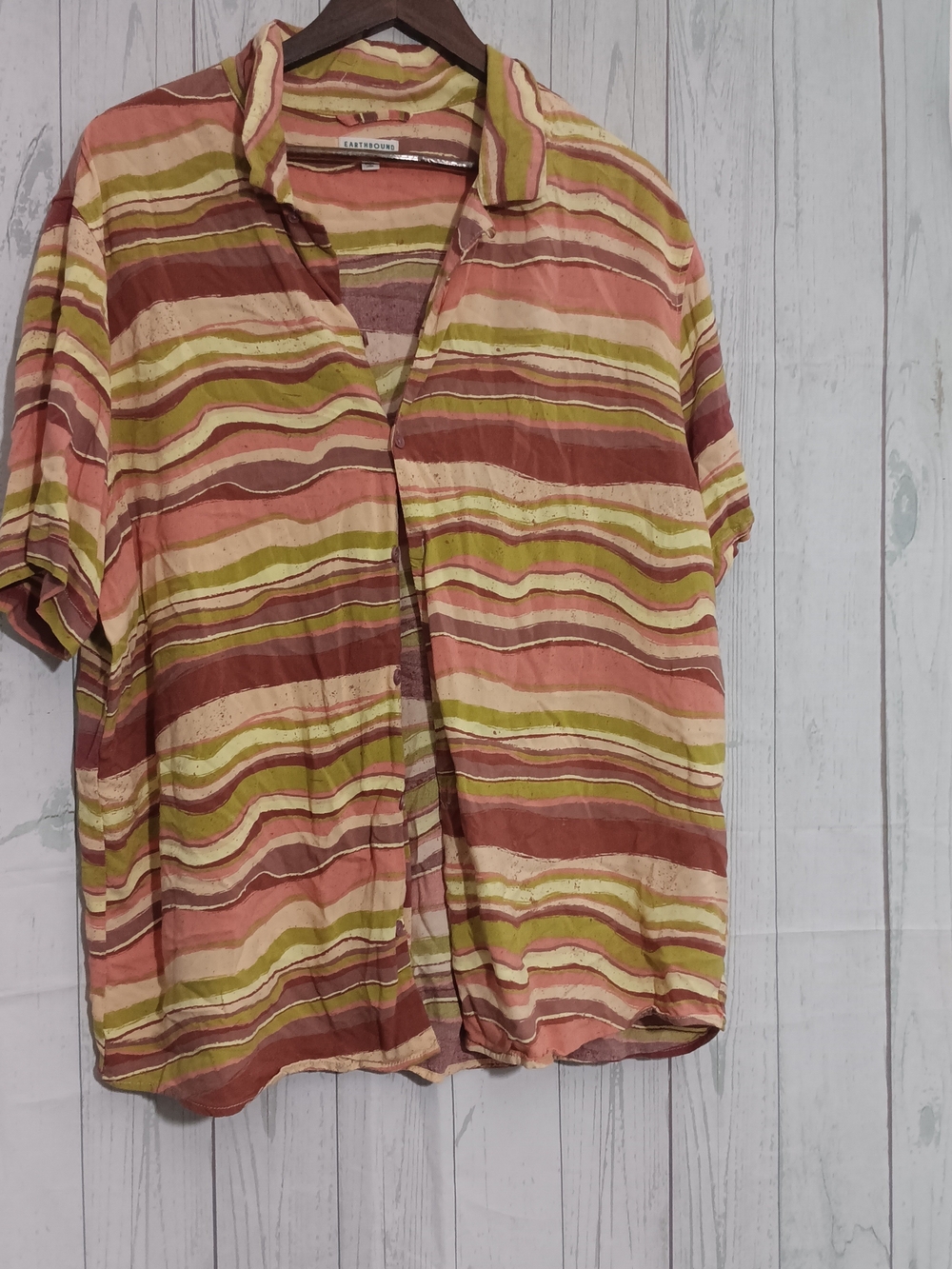 Earthbound Wavy Striped Short Sleeve Button Shirt - Coral, Olive & Cream Sz XL